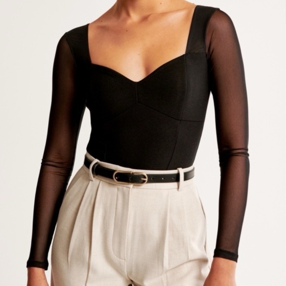 Abercrombie & Fitch Crepe Sweetheart Black Sheer Sleeve Bodysuit